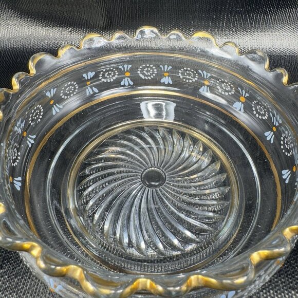 Antique Enameled Paint Large Glass Bowl Dish Gold Painted Edge Manganese 365nm - Picture 14 of 16